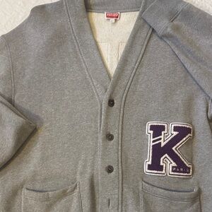 Kenzo Heather Gray Cardigan with Bold Purple Patch